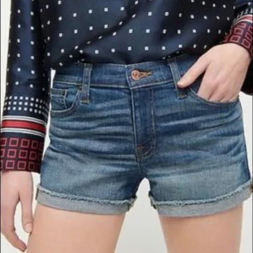 J Crew High Rise Denim Shorts 28 Medium Wash 2 in 1 Convertible Cuffed Raw Hem